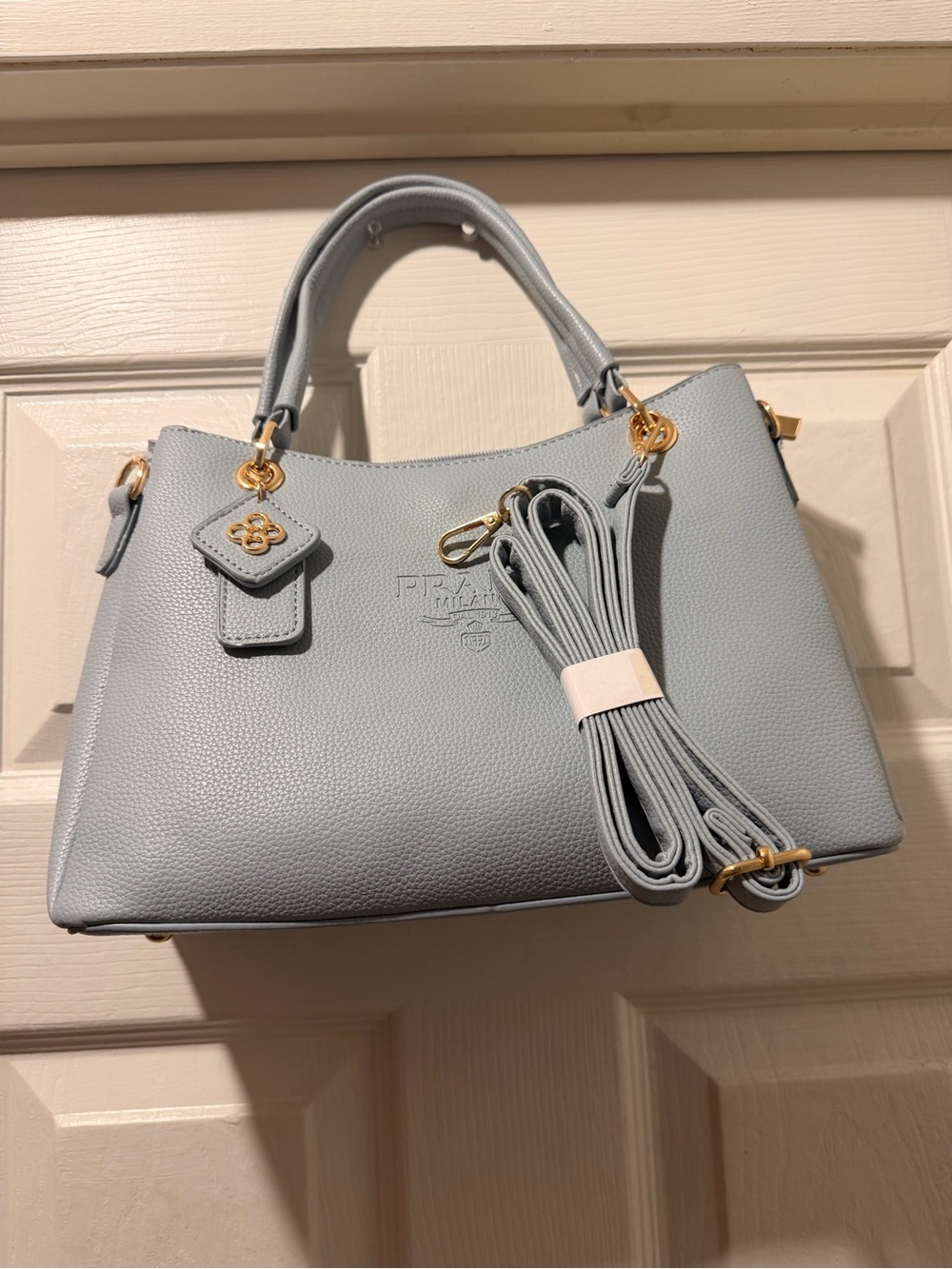 Light Gray Pebbled Leather Satchel with Detachable Strap